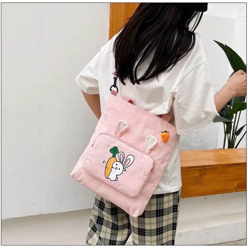 Tote đeo 2 kiểu, túi đeo chéo Thỏ cà rốt vừa A4