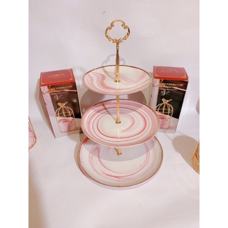 Khay sứ 2 tầng , đĩa sứ 3 tầng vân đá cẩm thạch Huydecor