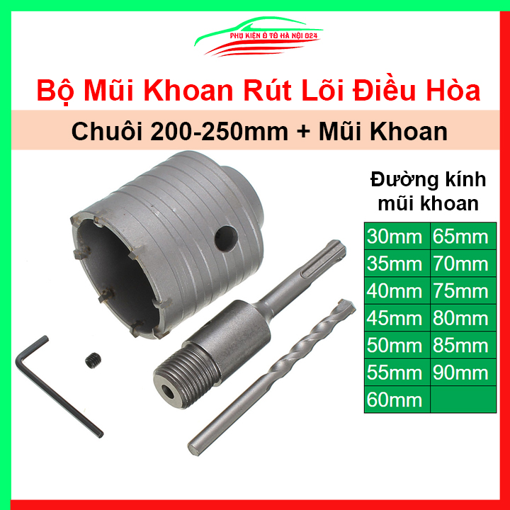 Bộ mũi khoan rút lõi điều hòa kèm chuôi 200mm-250mm khoét lỗ, rút lõi bê tông, tường gạch đủ kích cỡ 30mm-90mm