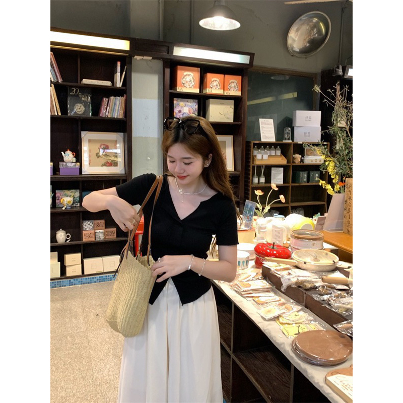 SET áo thun zip xẻ hot hit mix quần suông lụa sần rộng xoè BASIC cực trend