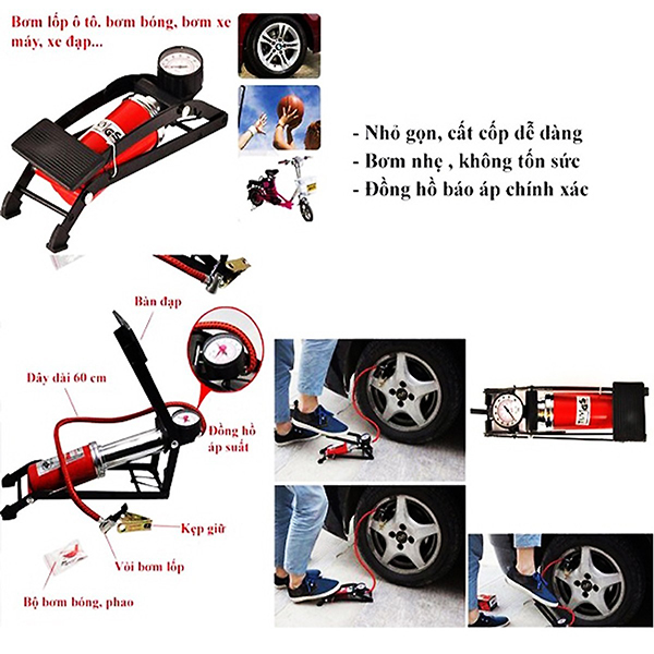 Bơm đạp chân mini xe máy oto xe hơi xe đạp