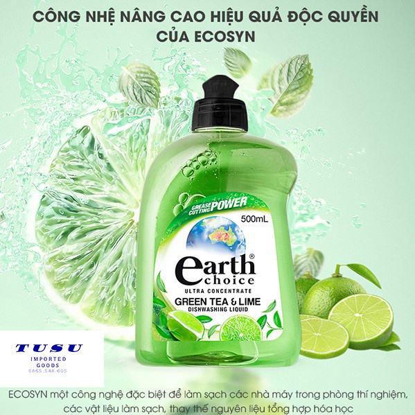 Nước rửa chén đậm đặc gốc thực vật Earth Choice chanh trà xanh 500ml