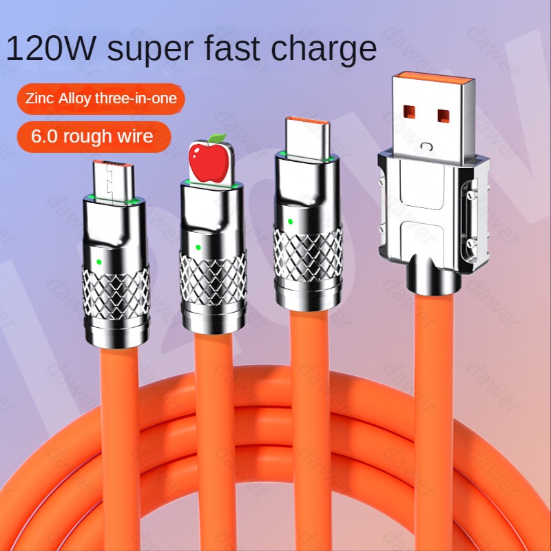 Dây Cáp Sạc Nhanh 6A 120W 3 Trong 1 Cho IPhone Micro Usb Type C