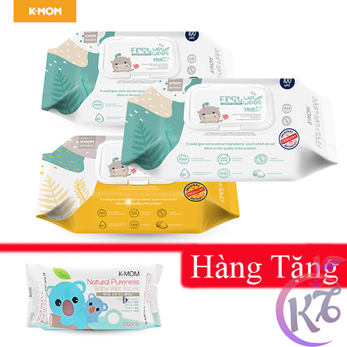 Combo 3 bịch Khăn giấy ướt cao cấp K-Mom vân nổi có nắp bịch 100 tờ KM13563 Tặng 1 bịch khăn giấy 100 tờ KM13110 - Khăn giấy ướt cao cấp không kích ứng da nhạy cảm, an toàn cho bé khi sử dụng - khan giay uot kmom