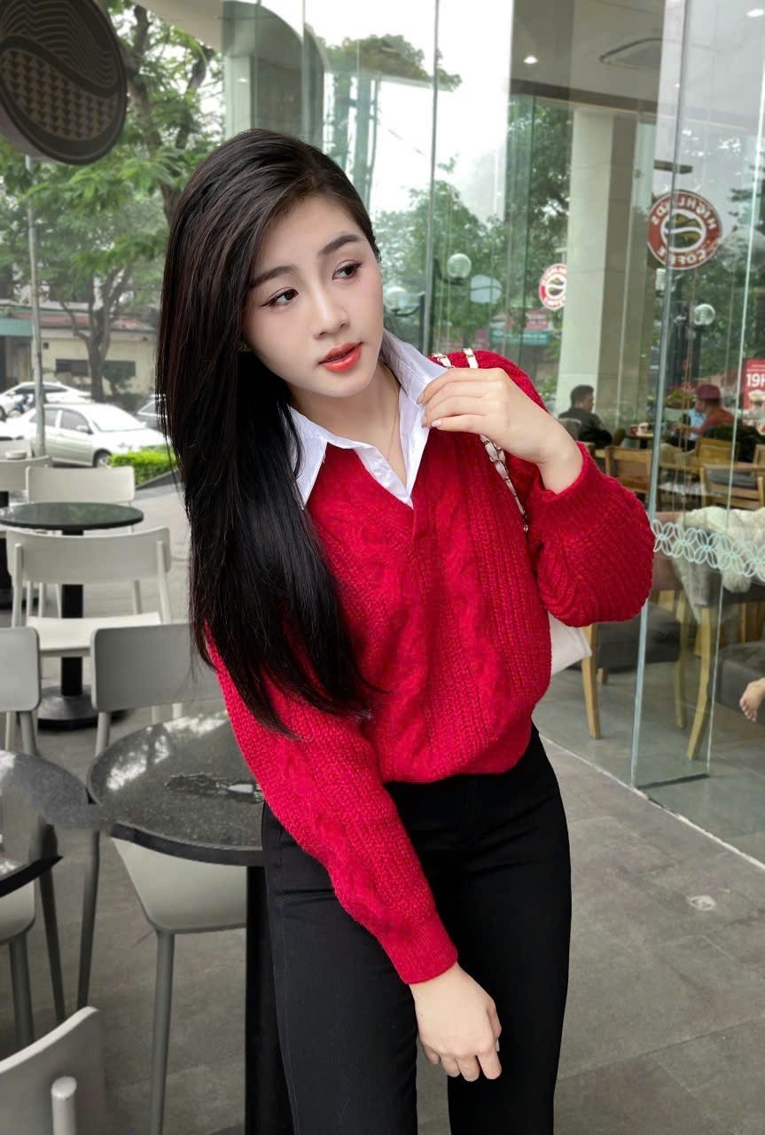 Áo len nữ tay dài phối cổ sơ mi, len dày đẹp