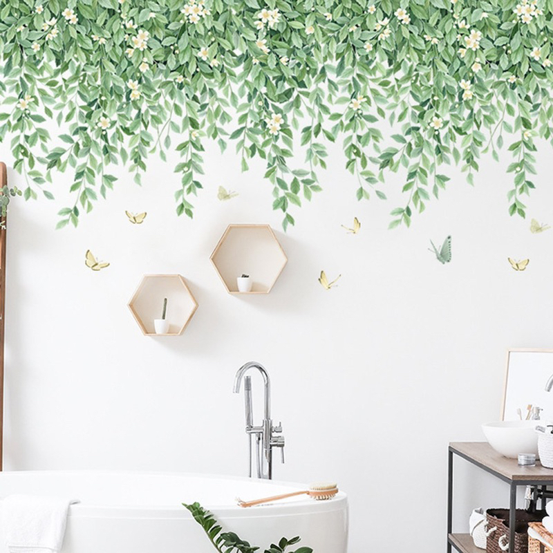 Tranh dán tường, Decal dán tường tán lá xanh hoa trắng sẵn keo dán
