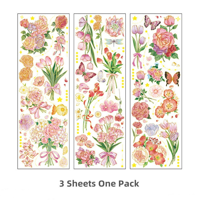3 Sheets Dazzling Flowers Series Waterproof PET Bronzing Stickers ...