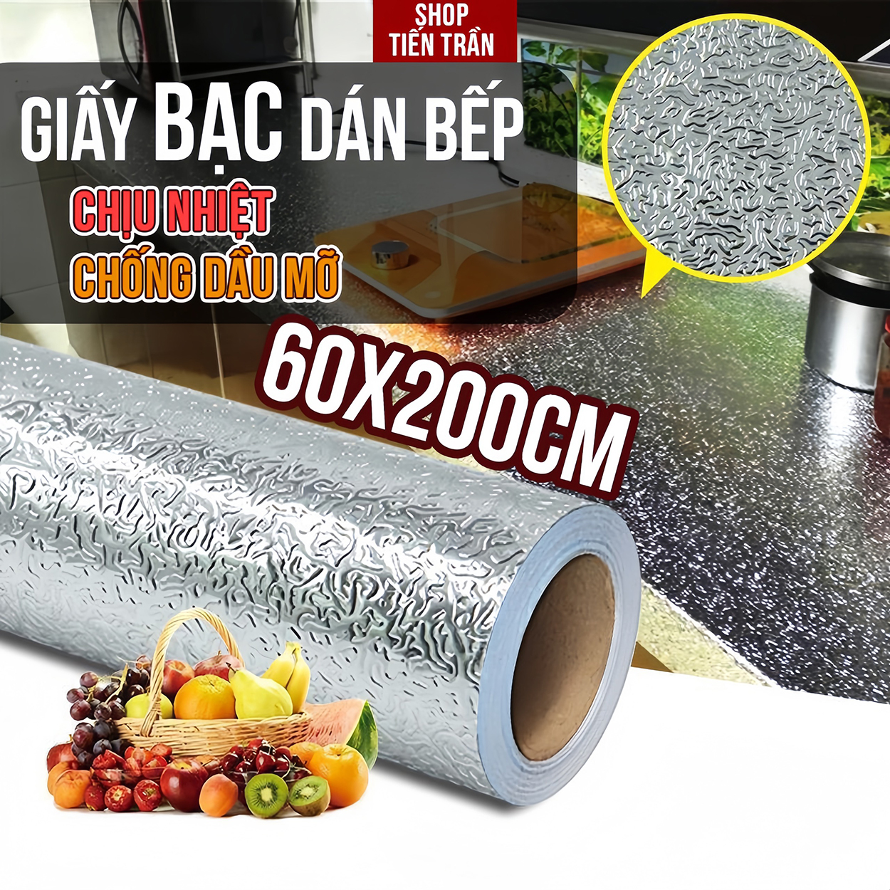 Cuộn Giấy Bạc Dán Bếp, Dán Kệ Tủ Chống Thấm Chịu Nhiệt (dài 2m X cao 0.6m) - Shoptientran