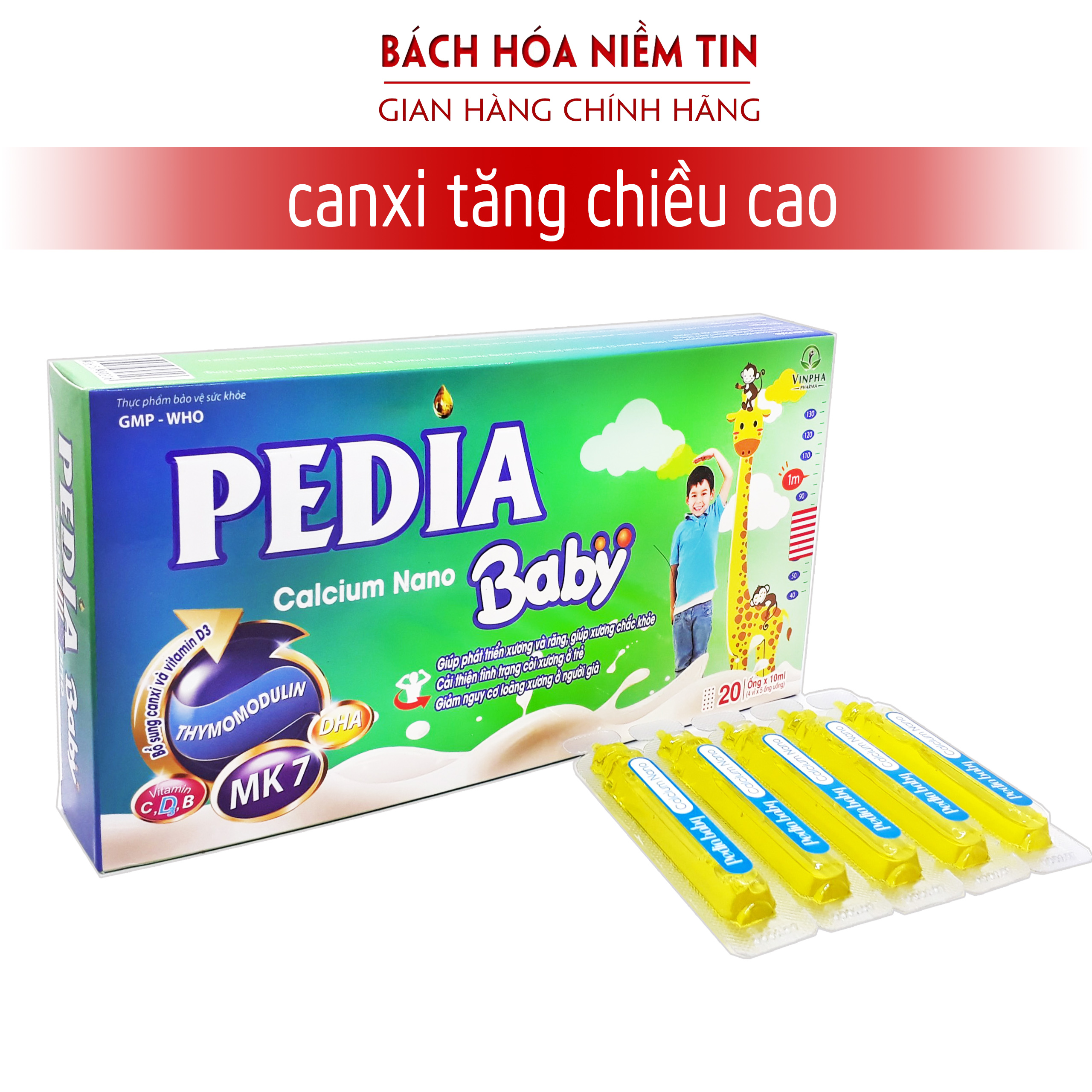 Siro bổ sung canxi cho bé PEDIA Calcium Nano Baby - bổ sung canxi, vitamin D3, K2, DHA, giúp phát triển chiều cao, giảm còi xương ở trẻ từ 1 tuổi - Hộp 20 ống Hàng chính hãng