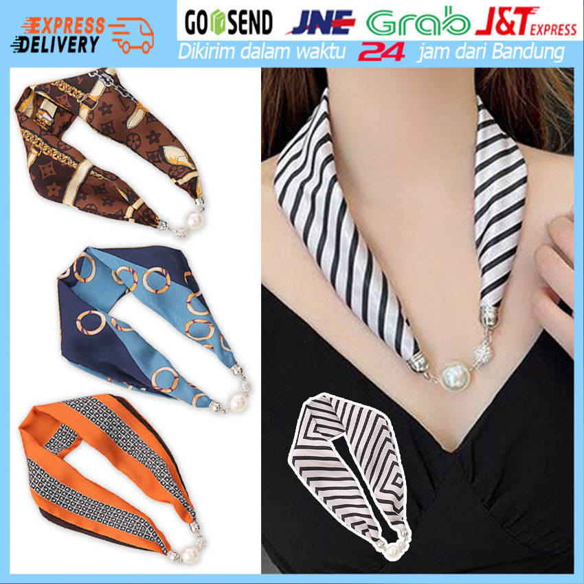 Syal Sutra Magnetic Button Scarf Necklace Syal Silk Syal Leher