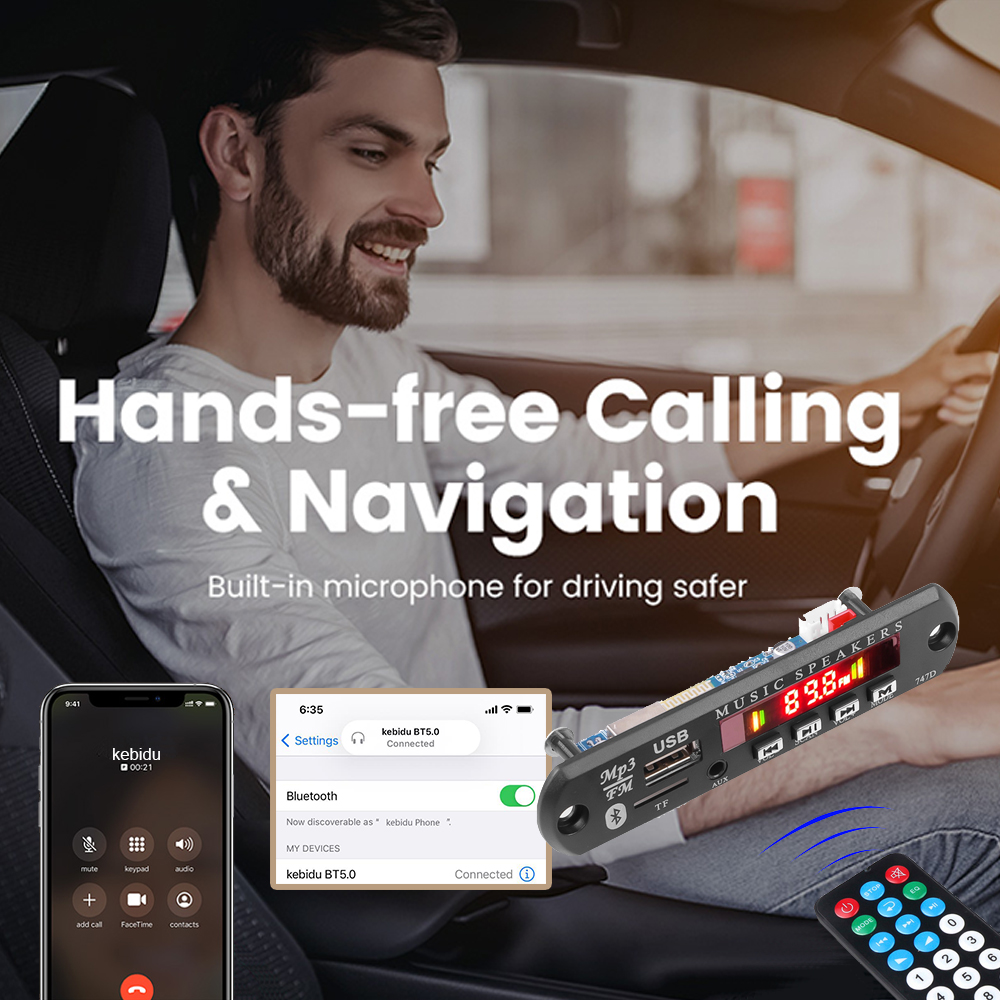 Kebidumei Wireless Bluetooth 5.0 MP3 Decoder Board 12V FM Radio Player Support TF / AUX/ U Disk Interface Audio Module with 15W*2 Amplifier