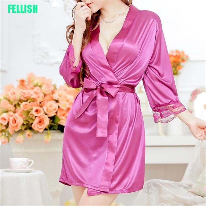 COD tjjs079 Áo Choàng Ngủ Vải Lụa Phối Ren Gợi Cảm Cho Nữ