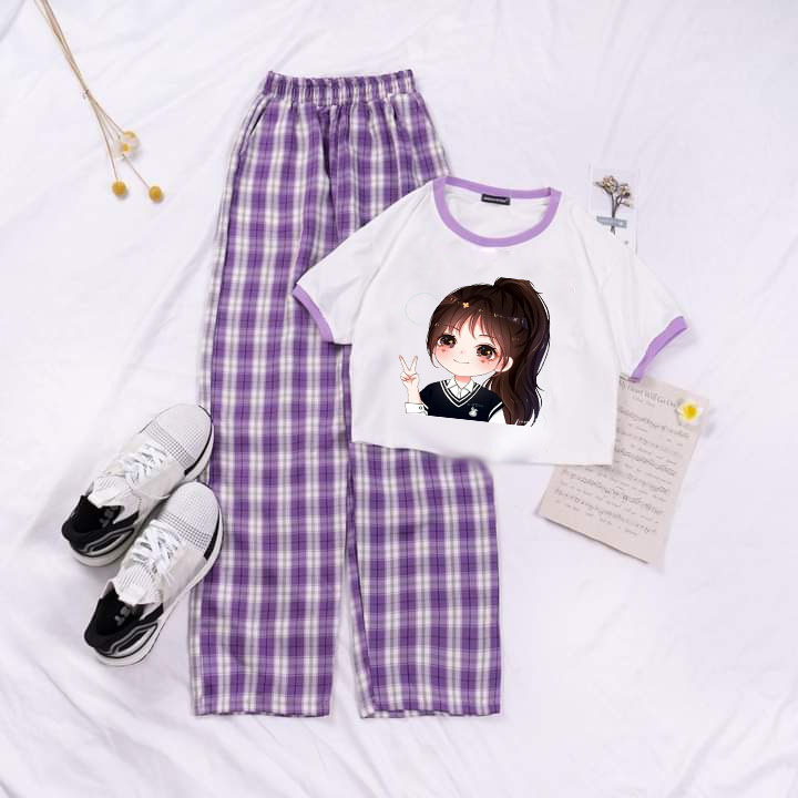 Bộ cho bé gái áo croptop cô gái 3d kèm quần kẻ ống rộng size 9 đến 65kg munmeoshop