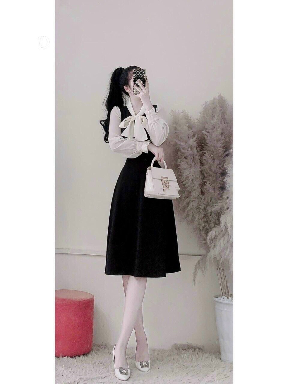 Đầm ulzzang tay dài đính nơ dể thương, đầm tiểu thư dự tiệc, đầm nữ xoè dài tay phối voan
