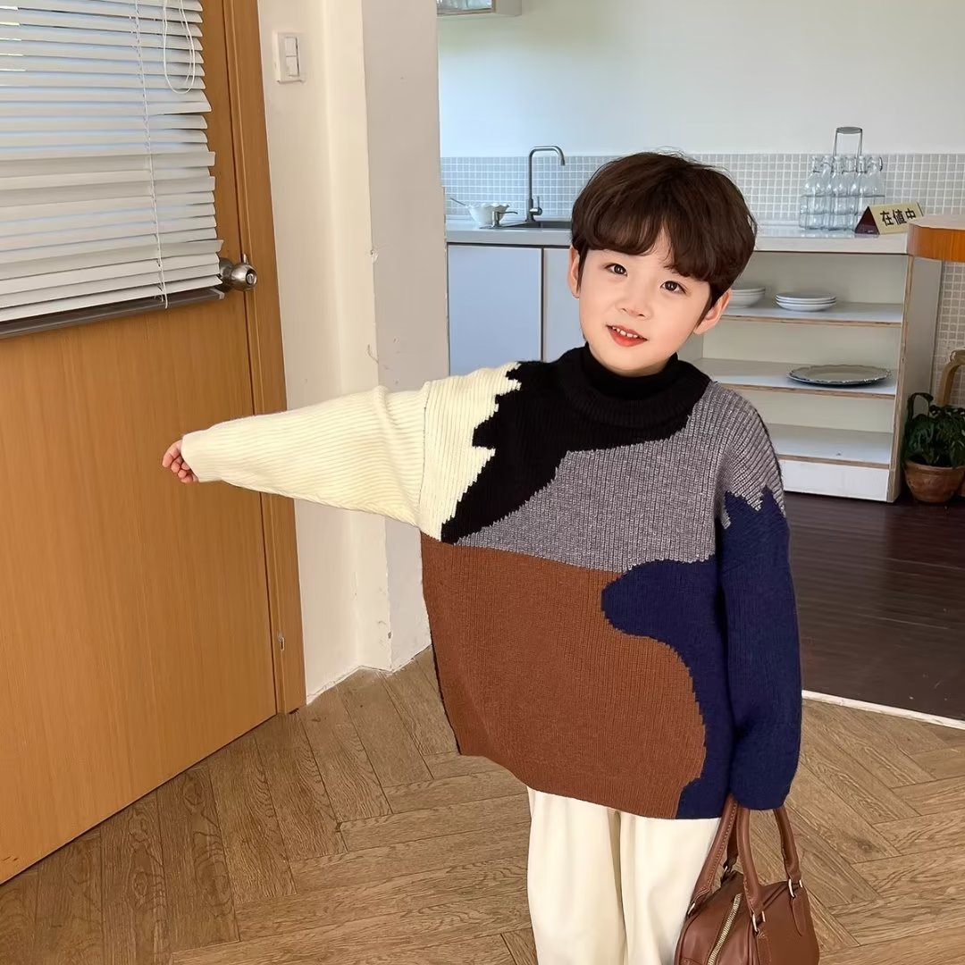 YADOU Children's round neck polar fleece sweater, winter color contrast knit sweater, irregular color contrast