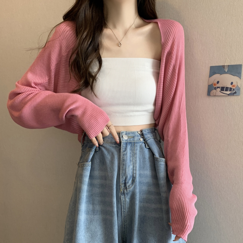 Summer Fashion Short Knitted Sunscreen Cardigan Women Solid Color Long Sleeve Thin Smock.