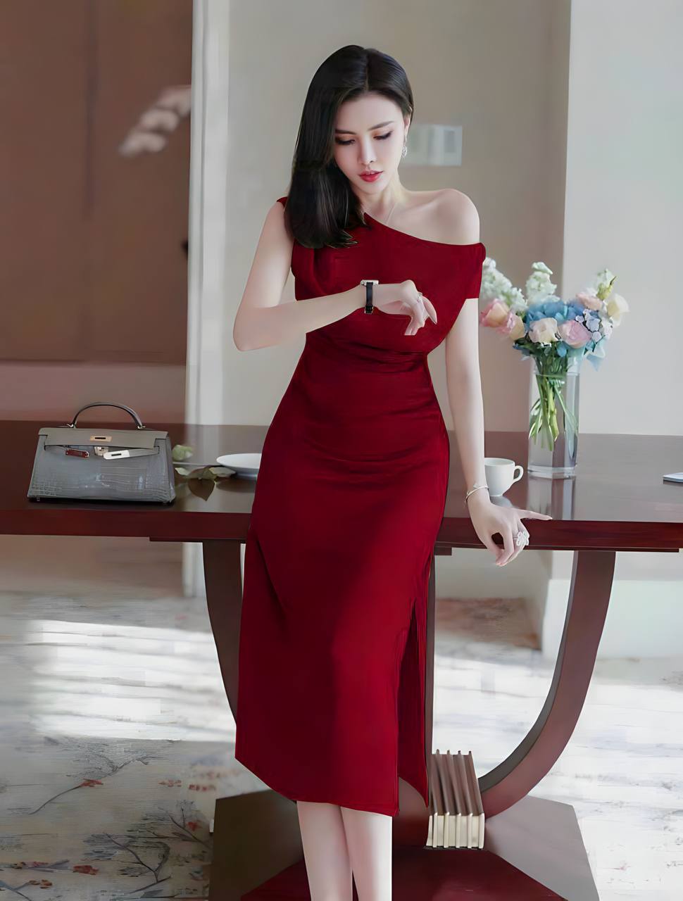 Đầm body lụa lệch vai dự tiệc đỏ & xanh cao cấp chụp ảnh by4632
