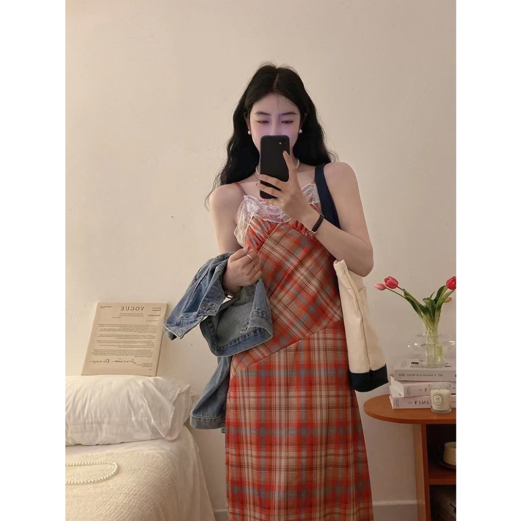 Đầm hai dây caro đỏ cực slayyy