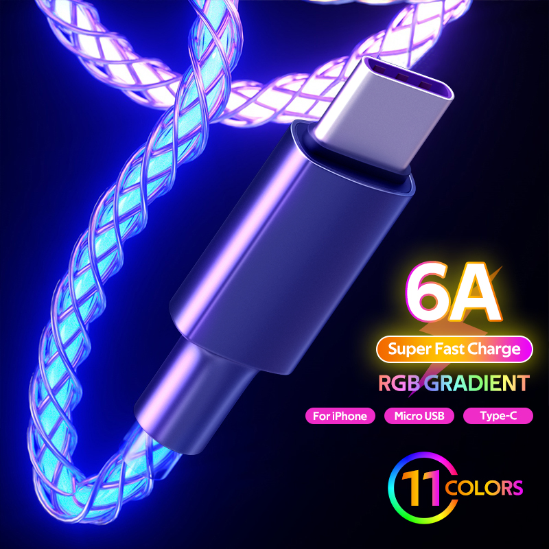 Cáp LED 6A USB Type C Đầu Kim Loại Sạc Nhanh Micro USB Cho Iphone 13 Huawei Bộ Sạc Điện Thoại Android Cho Xiaomi Samsung Cáp Type C Dây Dữ Liệu Micro USB