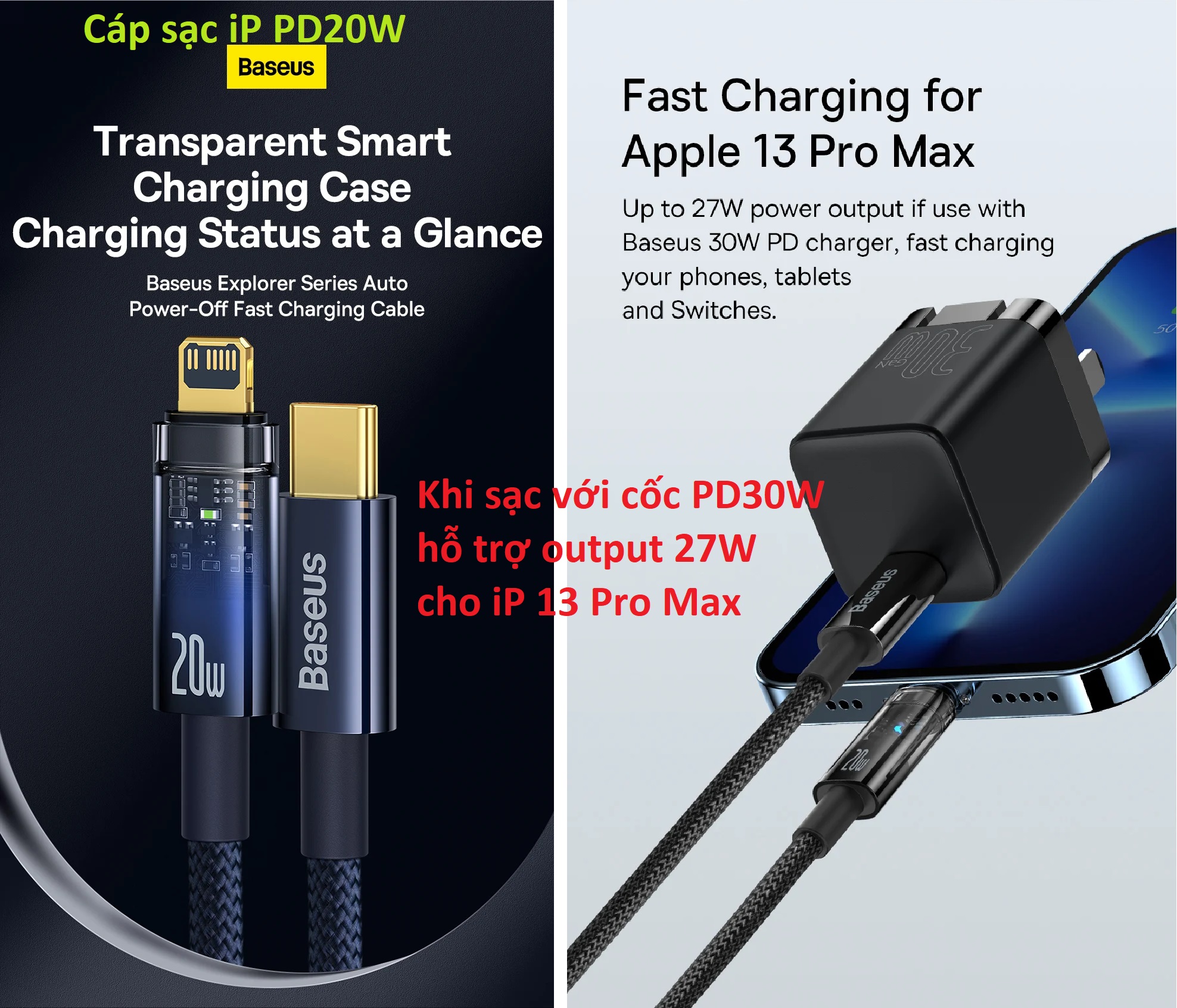 Cáp sạc iPhone PD20W tự ngắt khi đầy Baseus Explorer Series