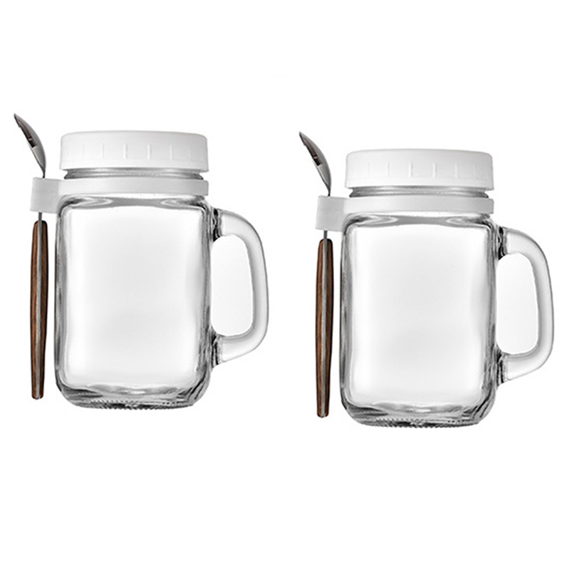 2 Pieces Glass Containers with Handle and Spoon, Glass Storage Jars , Reusable Leak-Proof Cups for Travelling