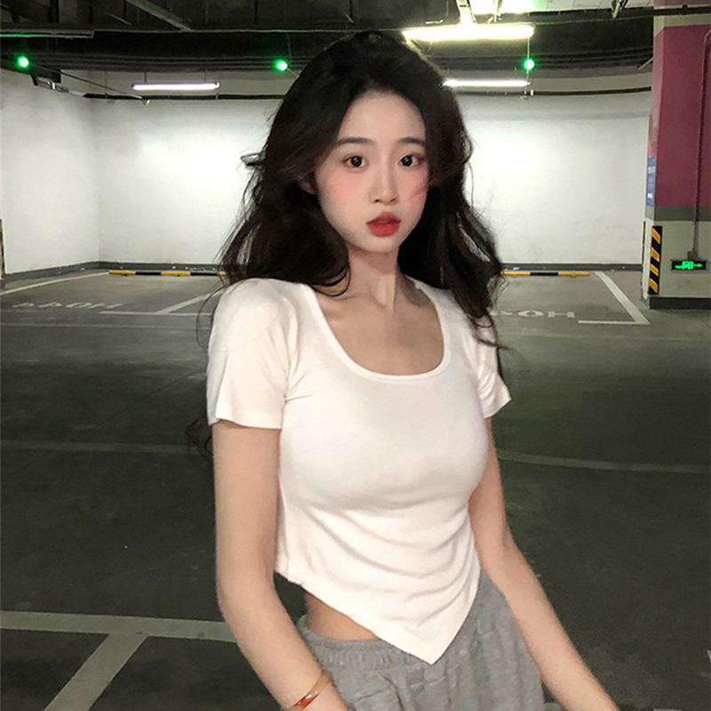 Women Short Sleeve Square Neck T-Shirt Summer Irregular Hem Slim Casual Bottom TopsNIUMAO. 