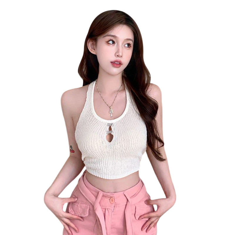 Sweetboxe 2023 new Women's Halter Tank Tops Sleeveless Metal Letter Cutout Ribbed Knit Crop Tops Aesthetic Clothes