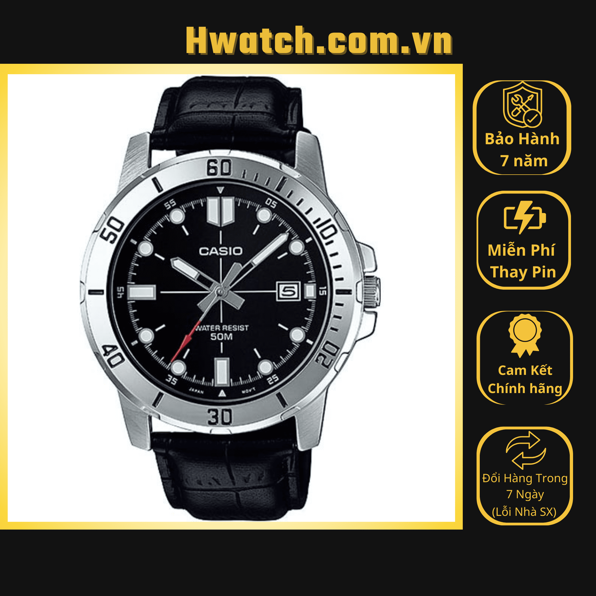 Đồng hồ nam casio pin mtp vd01l-1e dây da đen mặt đen hwatch.com.vn