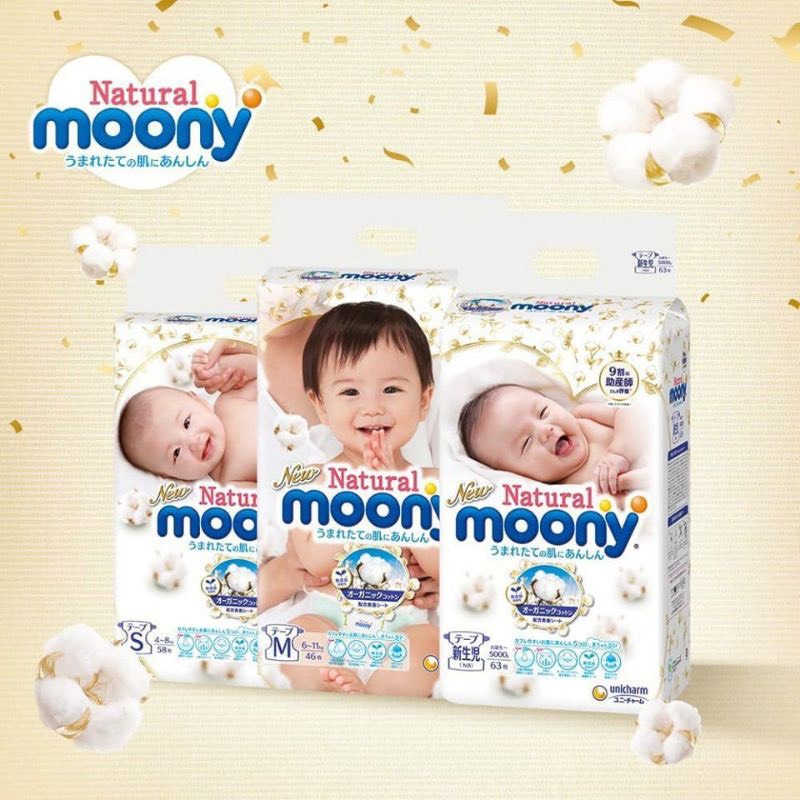 Tã bỉm moony natural dán/quần nb62/s58/m46/l38/l36/xl32