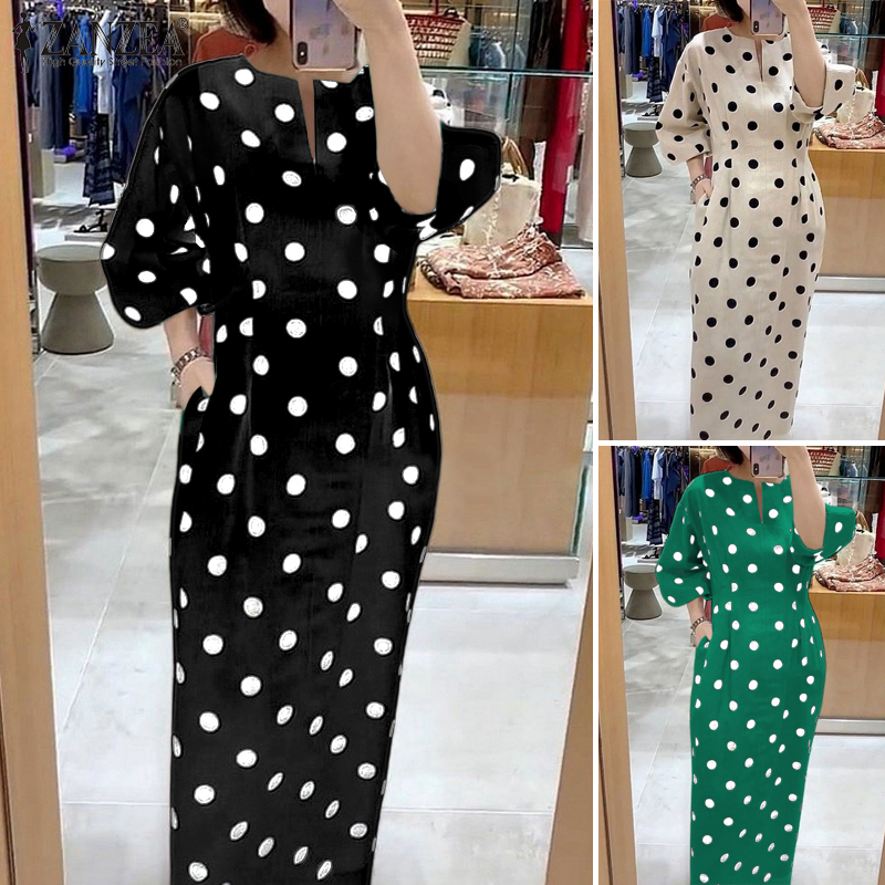 ZANZEA%20Korean%20Style%20Women's%20Dresses%20Elegant%20Fashion%20Long%20Sleeve%20Polka%20Dots%20Elastic%20Waist%20Bodycon%20Dress%20-%20Image%205