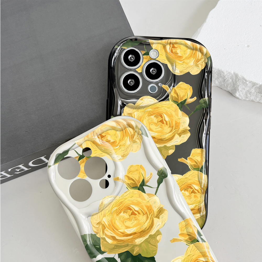 BILI for Samsung A52 4G 5G A52S 5G Back Cover Yellow Rose Pattern Cream Texture Wavy Soft Silicone Mobile Phone Covers. 