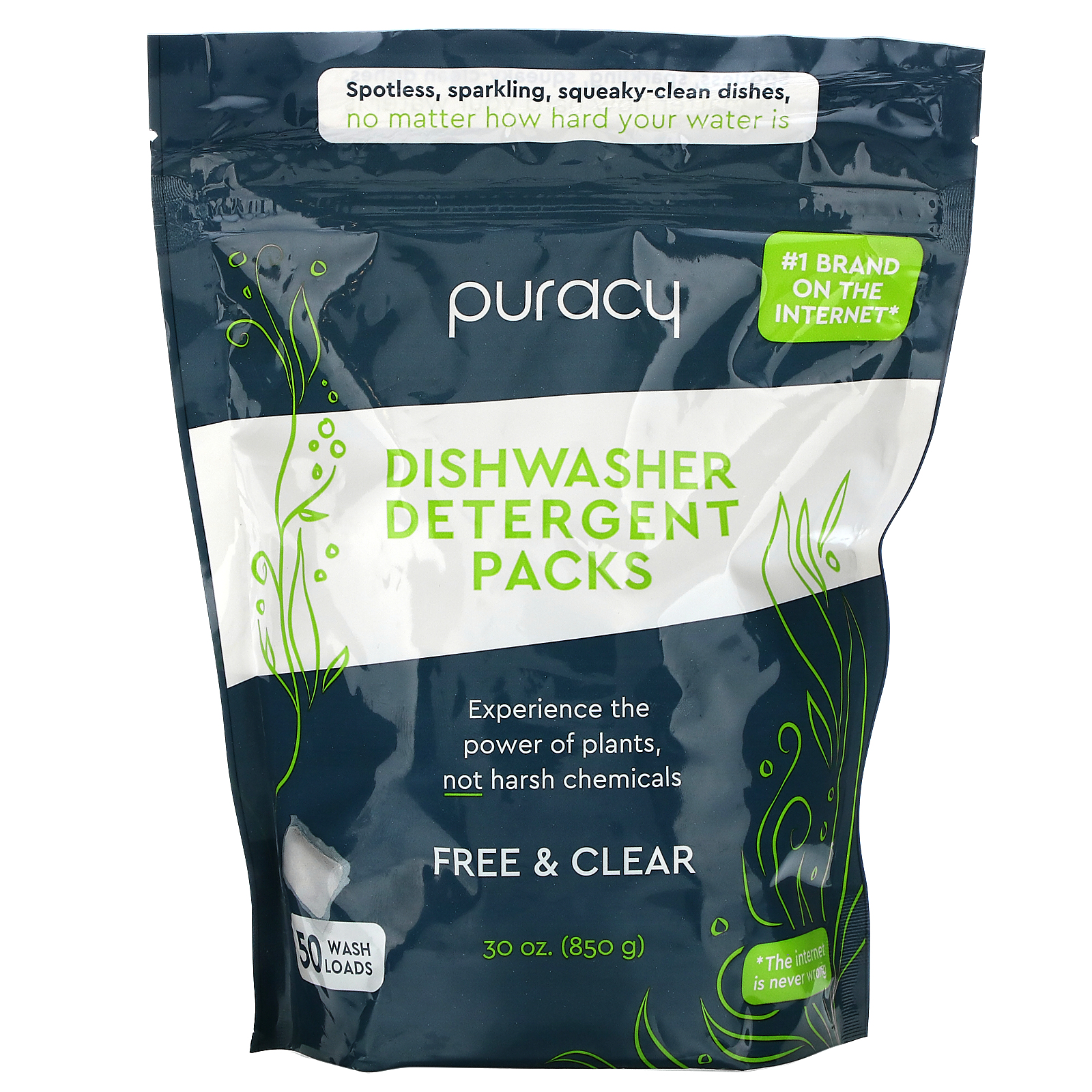 Puracy, Dishwasher Detergent Packs, Free & Clear, 50 Wash Loads, 30 oz