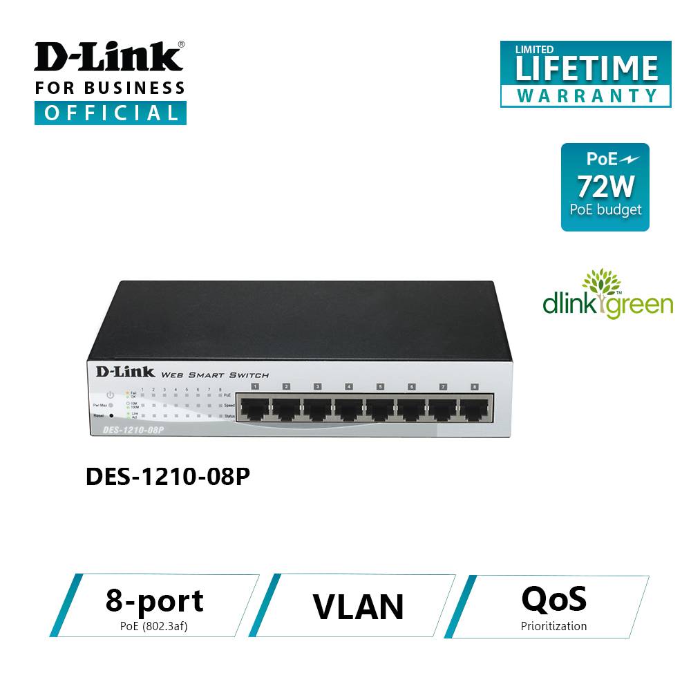 D-LINK DES-1210-08P 8ポートスイッチ　HUB　POE　VLAN　　現行品　　G4　 D-Link DGS-1210-08P 8-Port Gigabit PoE Smart Managed Switch with 2 SFP  ports (8 x PoE ports) 8 x 1000Base-T, 802.3af⁄802.3at PoE, 65 W Power  Budget,