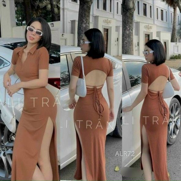 Đầm cổ bẻ tay ngắn ôm body xẻ tà hở lưng cột dây sau cực xinh , chất thun gân mềm mịn