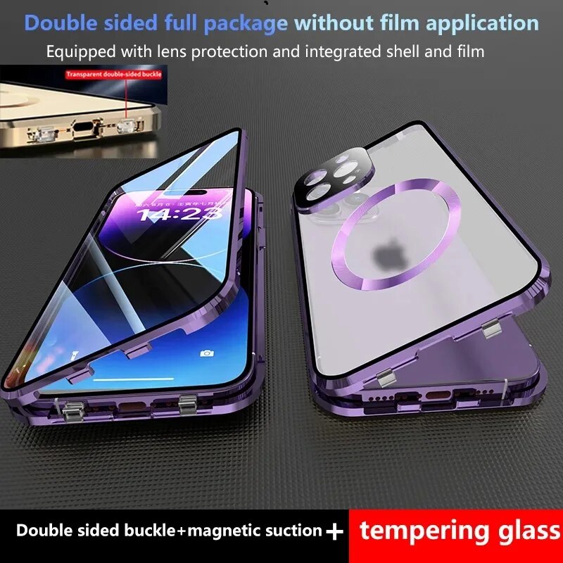 Dual lock lens protection for iPhone 15 14 13 Pro Max glass plus PC backpanel double sided magnetic wireless charging phone case. 