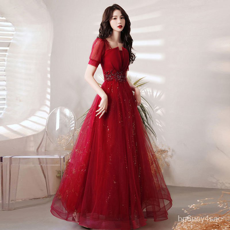 Red Long Elegant Evening Dresses V-Neck Tulle Sequins Party Gowns 2022  Beads Prom Party Wear For Wed