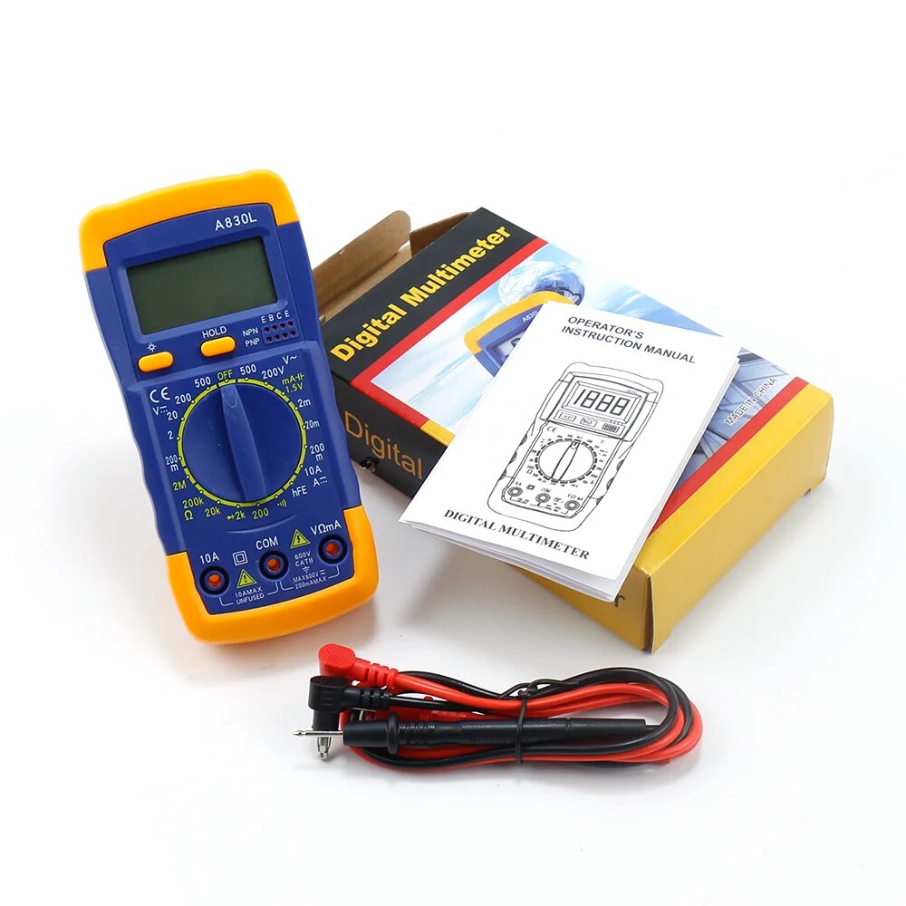 Đồng hồ đo điện tử A830L có sẵn pin 9V và que đo đồng hồ, có thang đo diode, sai số nhỏ