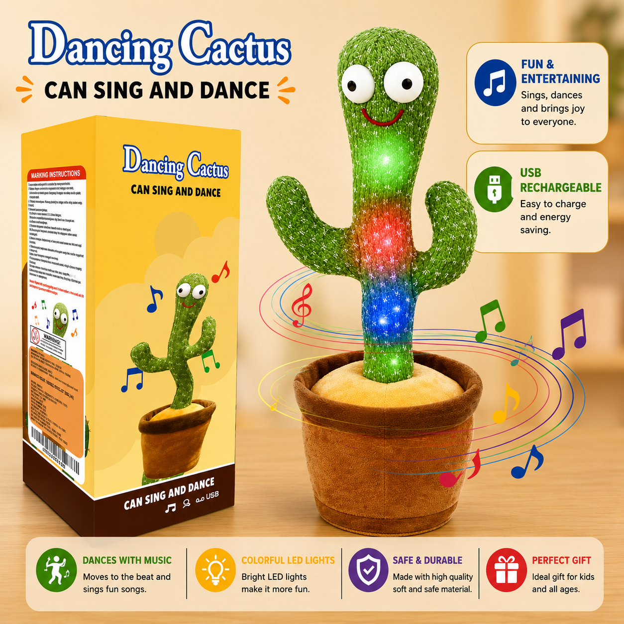 Dancing Cactus Talking Toy – Singing, Dancing & Voice Recording Plush Toy for Kids | Interactive Mimicking Cactus Repeats What You Say with LED Lights, Music & Educational Fun Gift for Babies, Toddlers & Children