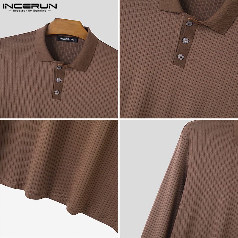 INCERUN Mens Long Sleeve Formal Casual Lapel Tops Leotard Plain Knitted Sweater Button Up Pullover (Korean Style)