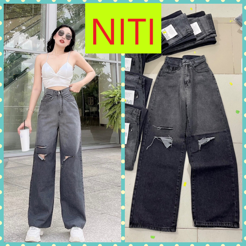 [ FOMO ] QUẦN JEANS ỐNG RỘNG NỮ LƯNG CAO LOANG MÀU XÁM RÁCH 2 VẠT 1 SỌC LAI CUỐN VẢI DÀY DẶN MỀM MỊN CAO CẤP NITI SIÊU THỜI THƯỢNG
