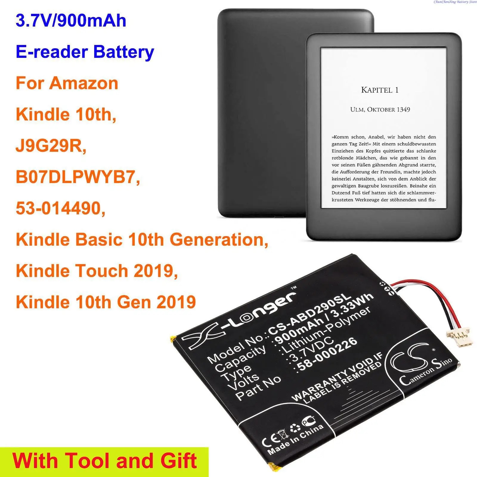 Cameron sino 900mah e-reader 58-000226 for amazo n kindle 10th j9g29r 53-014490 kindle touch 2019 kindle 10th gen 2019
