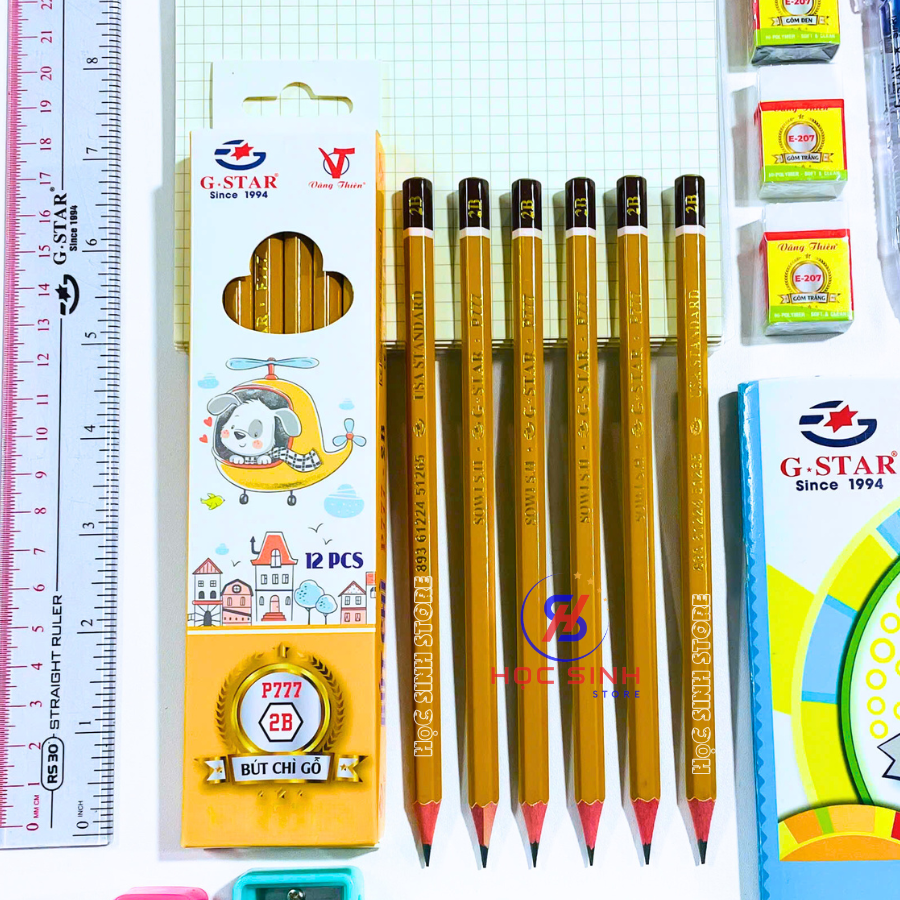 Hộp 12 Cây Bút Chì Gỗ Gstar P777 (2B-6B) - Màu Chì Đậm, Dễ Chuốt, Chuốt Không Gãy - VPP Happy Kids