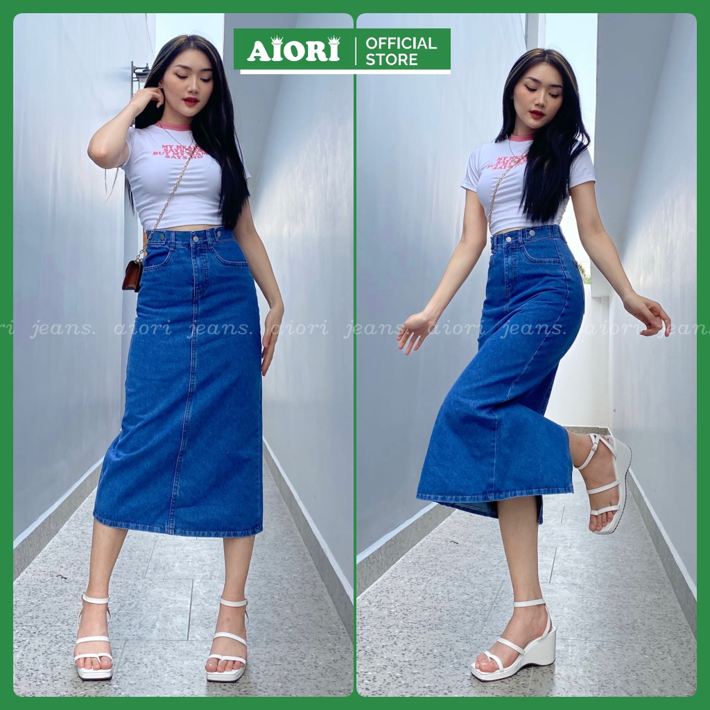 Chân Váy Jean Denim AIORI Thiết Kế Midi Dài Xẻ Tà Lưng Cao Dáng Chữ A Cạp Cao Thời Trang_Mã V005