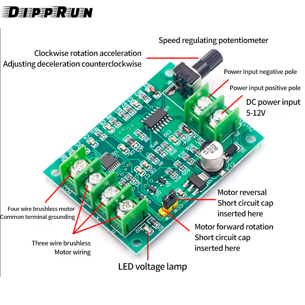 DIPPRUN DC 7V-12V Brushless DC Motor Driver Controller Board With Reverse Voltage Over Current Protection For Hard Drive Motor 3/4 Wire