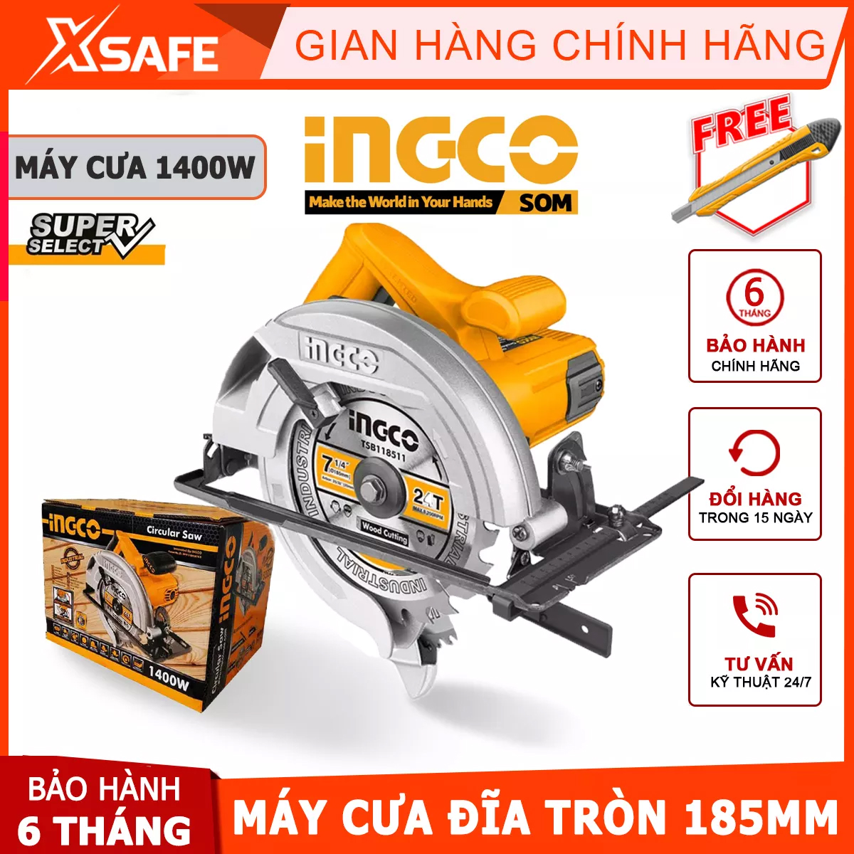 Machine saw disc round 1400W ingco, saw circular disc portable gift 1 cutting blades and 1 set charcoal, deep cut and cut inclined 44mm (angle cutting 45 Độ)-65mm (angle cutting 90 Độ), wood working machine handheld, CS18538-[xsafe][genuine]