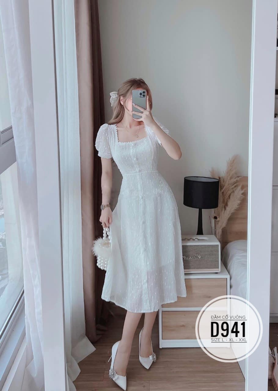 ĐẦM BIGSIZE TAY NGẮN PHỐI NÚT DỰ TIỆC,ĐI CƯỚI (L-2XL)