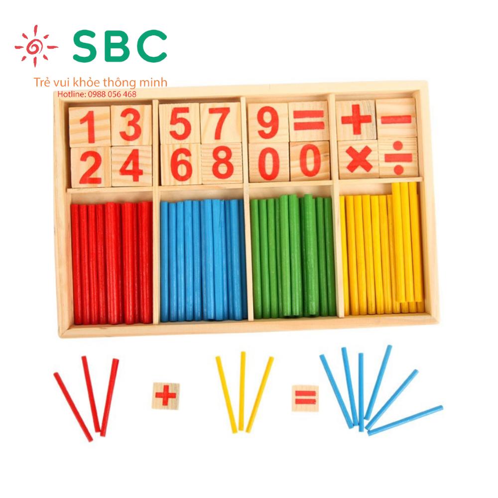 Bộ que tính và các chữ số, phép tính học toán thông minh cho bé bằng gỗ