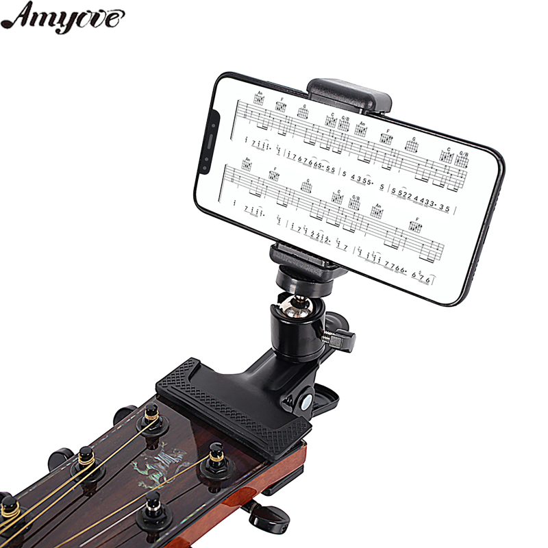 Amyove Smartphone Guitar Head Clamp Cell Phone Holder Aid Musicians Live Broadcast Bracket Clip For Electric Acoustic Guitars
