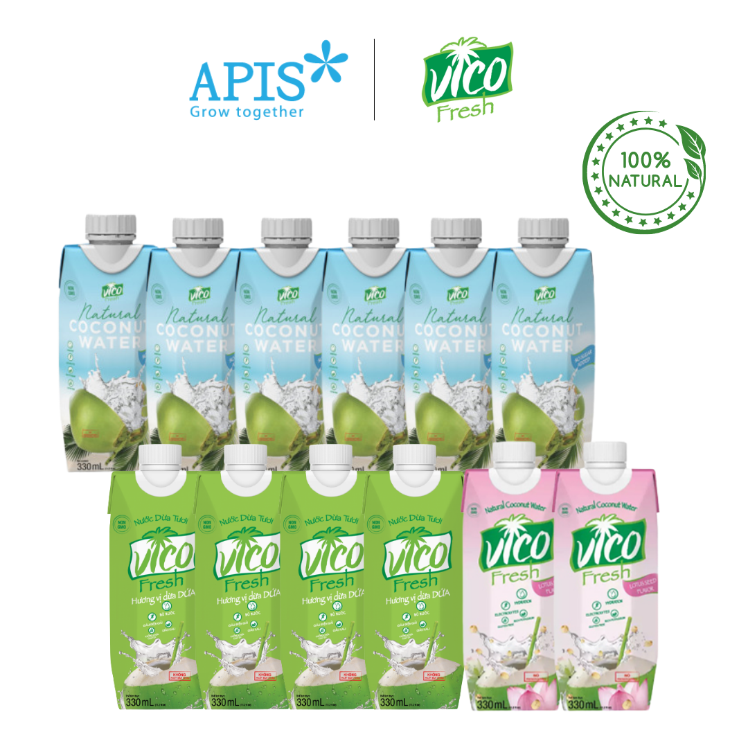 COMBO 12 HỘP NƯỚC DỪA VICO FRESH 330ML (6 NATURAL, 4 DỨA, 2 SEN)