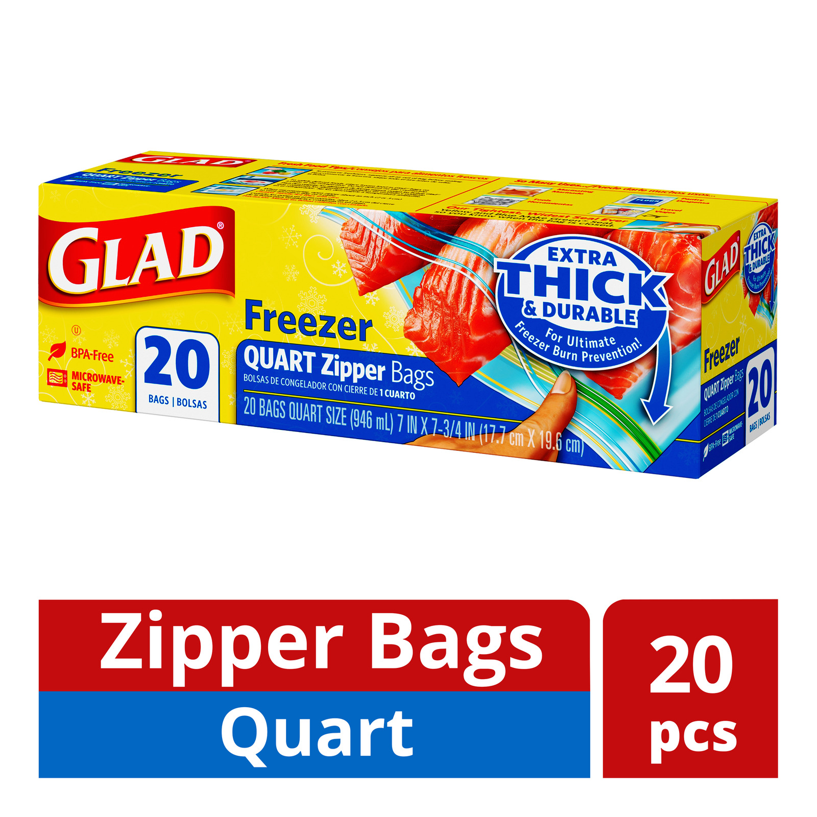 Glad Zipper Freezer Bags, Quart, 20 Bags/Box (57035)